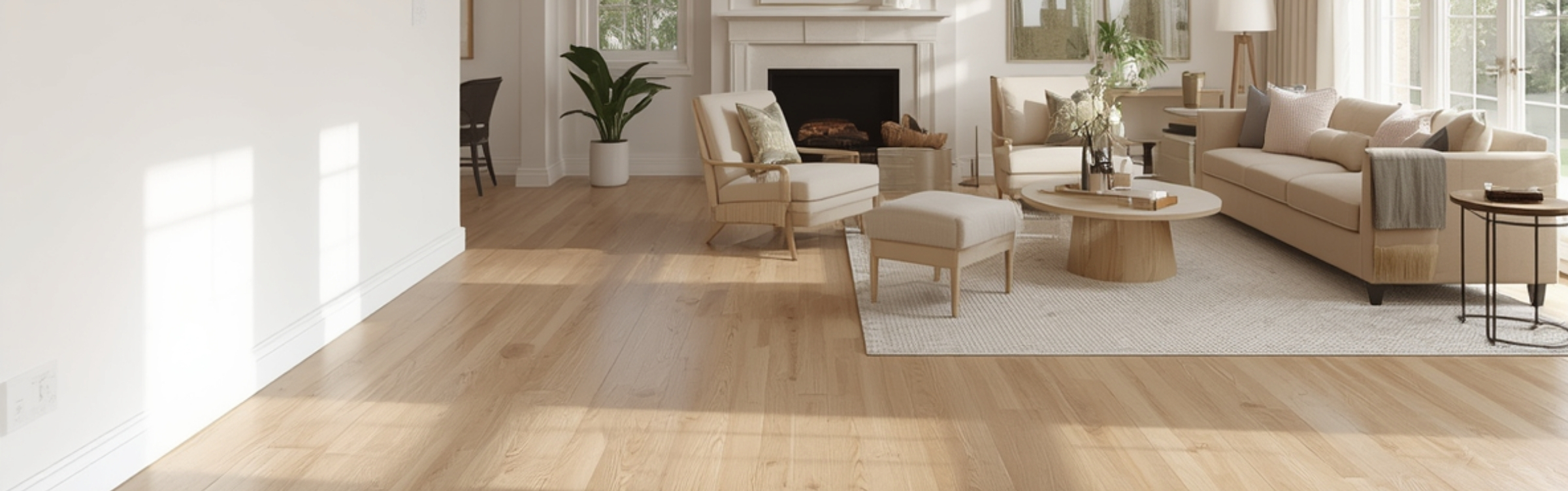 Warm living room with natural wood flooring in a comfortable Champaign-area home