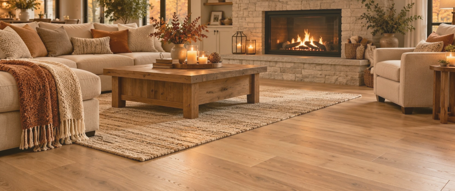 Warm Livingroom with light hardwood flooring, fireplace and comfortable seating