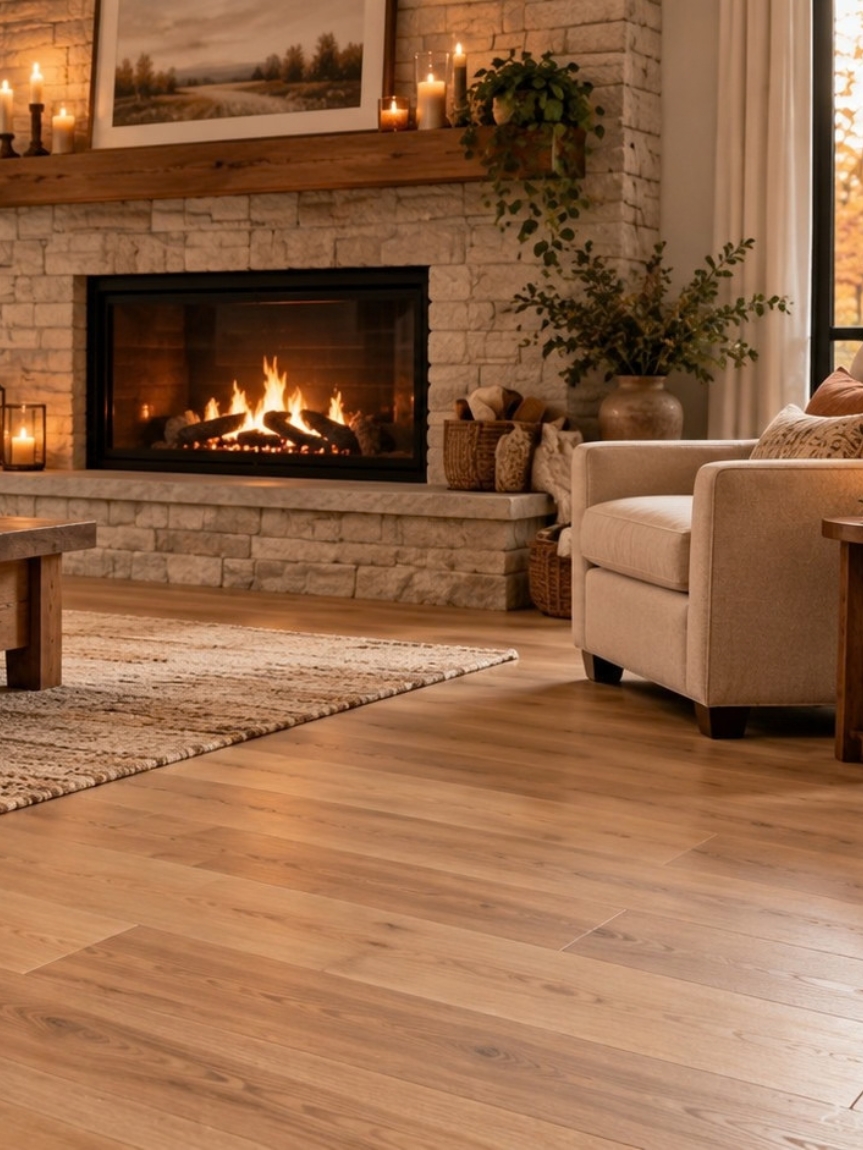 Warm Livingroom with light hardwood flooring, fireplace and comfortable seating