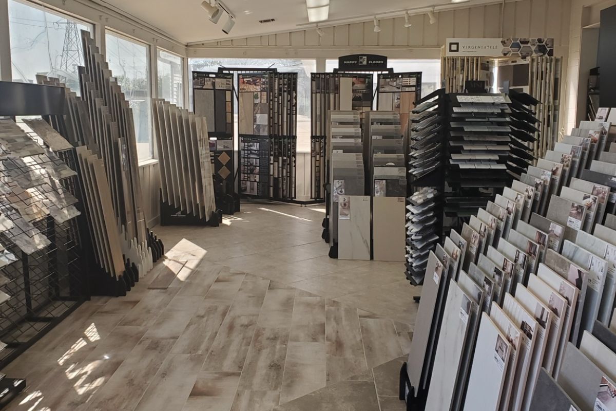 Tile and waterproof flooring displays in Champaign Illinois showroom
