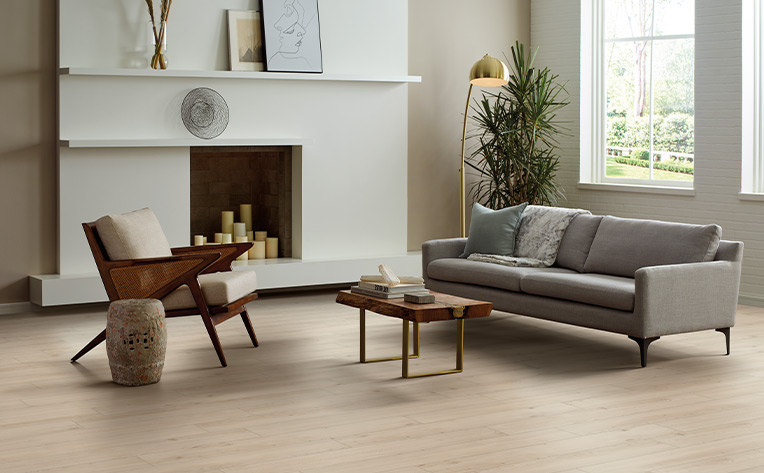 warm toned vinyl plank flooring in minimalist living room